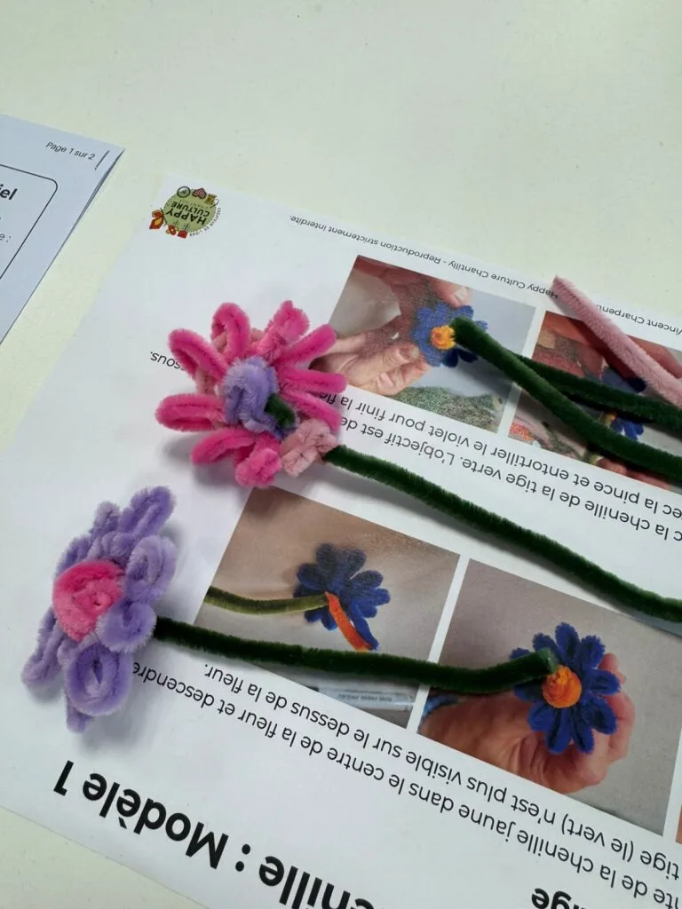Fleurs en chenille sur une feuille avec des instructions de réalisation